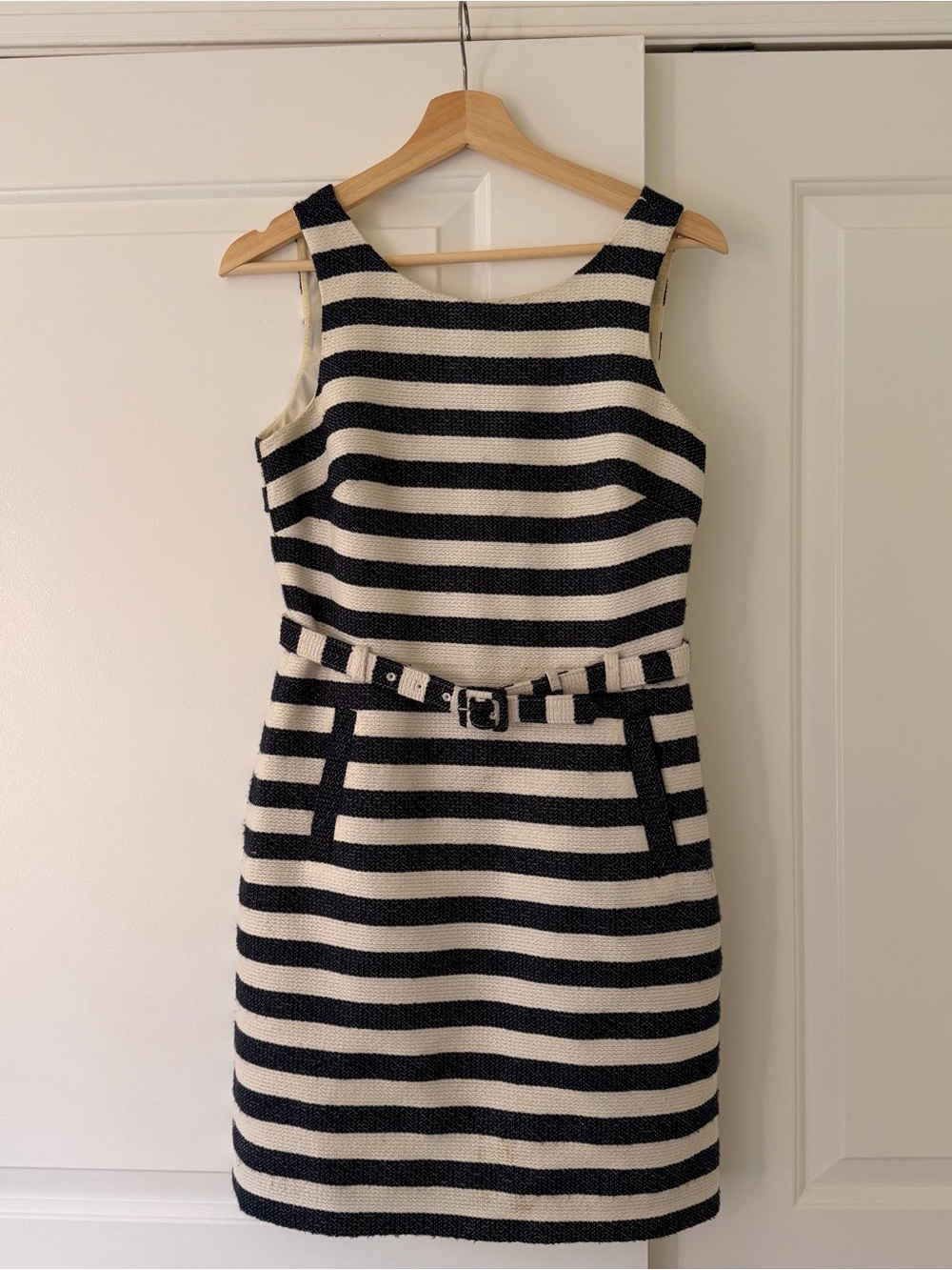 Banana Republic Navy and Ivory Striped Belted Midi Dress